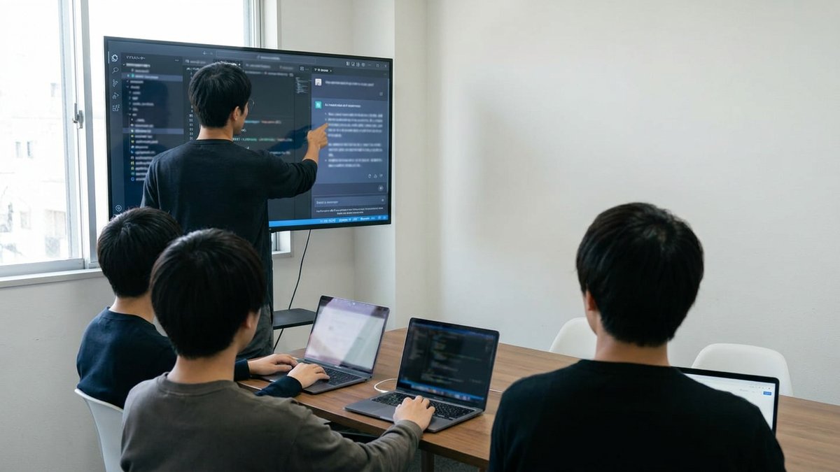 社内研修で、若手エンジニア3名にAIを活用した開発の進め方を説明している場面のイメージ