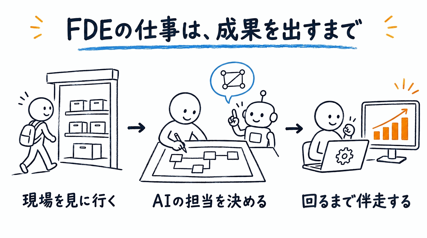 FDE（Forward Deployed Engineer）の仕事は、成果を出すまで。現場を見に行く、AIの担当を決める、回るまで伴走する、の3場面を描いた図解